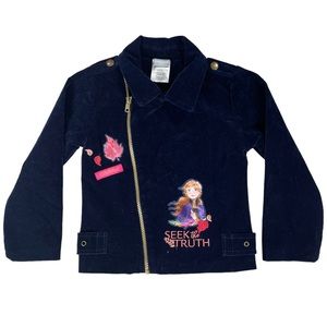 Disneys Frozen size 4t navy blue velvet gold zip up jacket, Anna & floral design